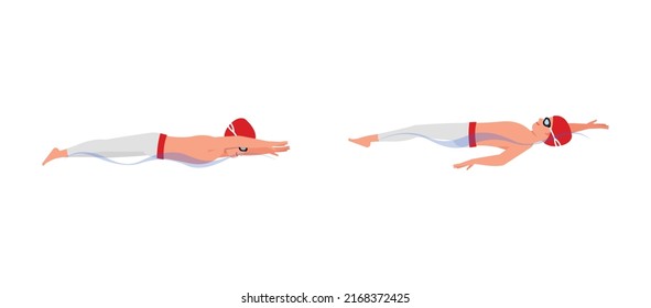 Set of Male swimmer character vector design. Presentation in various action with emotions, running, standing and walking.