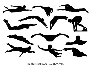 Set of male swimmer silhouettes. Black and white Vector Illustration