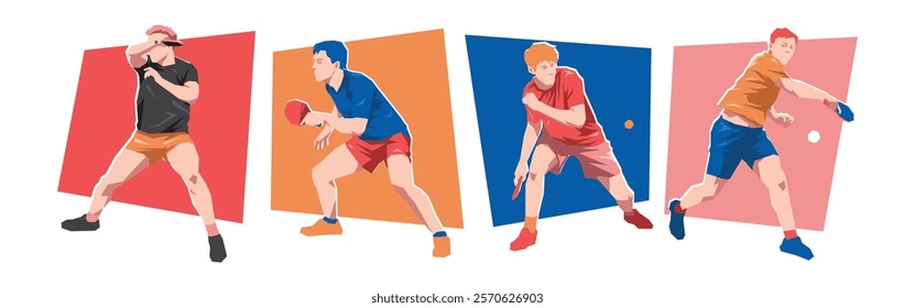 Set of male table tennis players with different poses, gestures. Isolated on white background. Flat character vector illustration.