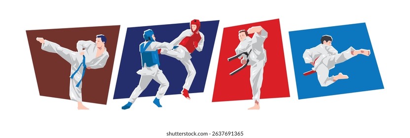 Set of male taekwondo athlete, fighter in combat pose. Sport, martial arts. Cartoon flat vector illustration.