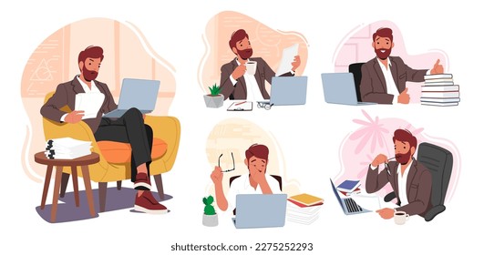 Set Male Teacher In Classroom Setting Checking Homework or Test, Prepare Tutorial Plans and Educational Materials, Work on Laptop Sitting at Desk. Cartoon People Vector Illustration