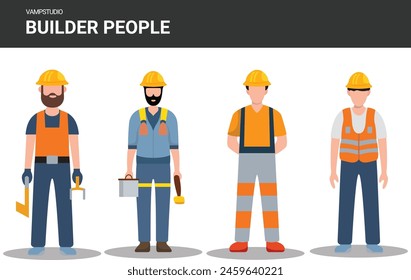set of male Technician and builders construction workers in helmets. Vector flat illustration of diverse people working in building industry.