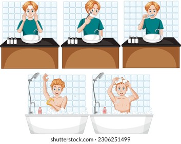 Set of male teen doing self care cleaning routine illustration