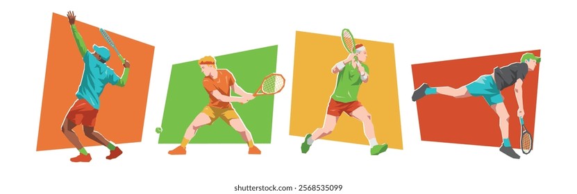 Set of male tennis player character with different poses. Isolated on white background. Flat vector illustration.