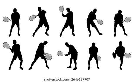 Conjunto de tenista masculino, silhueta isolada. O tipo de esporte é o tênis de relva. Um homem ativo acertando uma bola com uma raquete. Ilustração vetorial