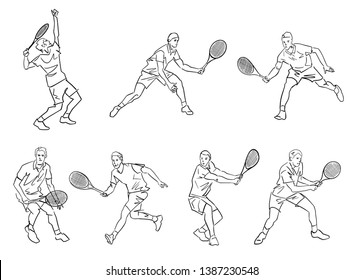 Set of male tennis players. Hand drawn silhouette. Black lines drawing. Abstract isolated contour. Active pose. Vector outlines. Sport illustration.