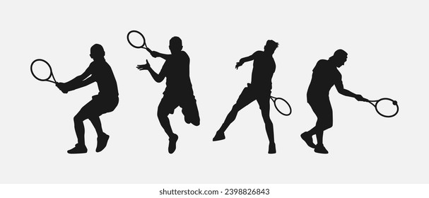 set of male tennis players silhouettes. various different poses, gestures. isolated on white background. vector illustration.