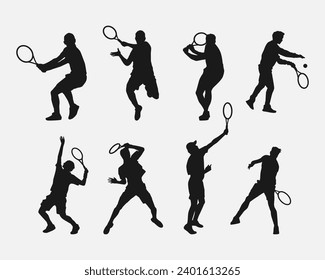 set of male tennis players silhouettes. various different poses, gestures. isolated on white background. vector illustration.