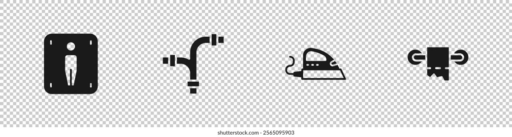 Set Male toilet, Industry metallic pipe, Electric iron and Toilet paper roll icon. Vector