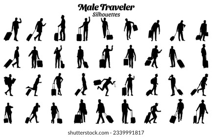 Conjunto de ilustraciones vectoriales de silueta de viajero masculino que transportan maletas