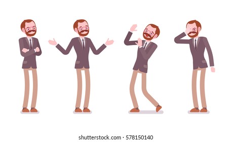 Set of male unhappy professional teacher showing negative emotions, ignorant pupils, lacking knowledge, bad salary, puzzled, crossed hands, in trouble, full length, isolated against white background