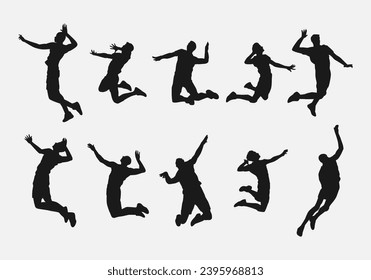 set of male volleyball player silhouettes. athlete doing jump spike. various different pose, gesture. vector illustration.