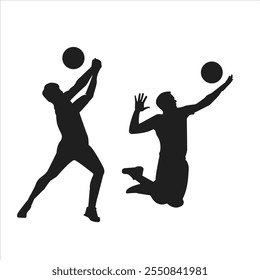 set of male volleyball players, athlete silhouettes. various different poses, gestures. vector illustration