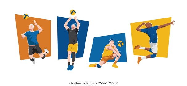 Set of male volleyball players. Volleyball athlete. Isolated on white background. Flat graphic vector illustration.