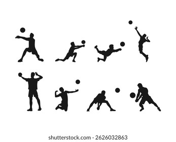 set of male volleyball players, athlete silhouettes. Man volleyball player silhouette. Group of volleyball players, men and women playing volleyball. Vector illustration on a white background.