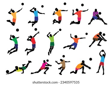 Set of male volleyball players in various poses. Isolated vector silhouettes, team sport and beach volleyball