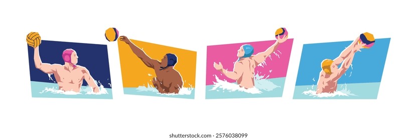 Set of male water polo player character in action. Sport, activity. Isolated on white background. Flat vector illustration.