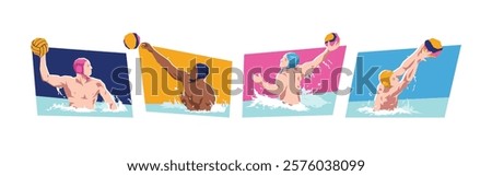 Set of male water polo player character in action. Sport, activity. Isolated on white background. Flat vector illustration.