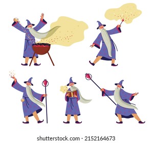 Set of male wizard character with magician tools, accessories. Elderly sorcerers or fairytale magicians practicing wizardry. Vector illustration