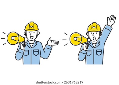 Conjunto de ilustrações do trabalhador masculino explicando usando um alto-falante