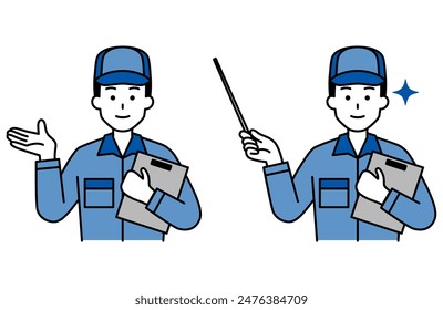 Set of male workers holding documents and explaining
