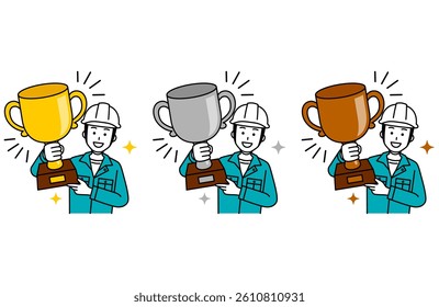 Set of male workers holding gold, silver and bronze trophies