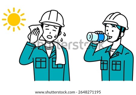 Set of male workers taking measures against heat stroke