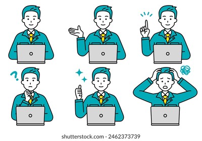 Set of male workers working on a laptop