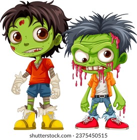 A set of male zombie cartoon characters with green skin