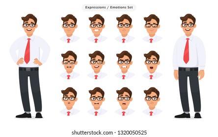 Set of male's different facial expressions. Man emoji character with various face reaction/emotion, wearing formal dress, tie and eyeglasses. Human emotions concept illustration in vector cartoon.