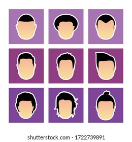 Set of Males Faces Character Icon. Male faces with various hairstyle. Modern vector illustration flat style 