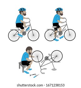 Set of male's figures with bicycles. Man is riding a bike, repairing it and walking with bike.