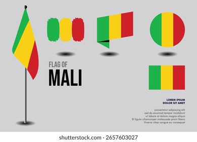 Conjunto de bandeira Mali em 5 designs: bandeira no polo, pincelada, inclinação, redondo e padrão. vetor, plano, isolado no fundo cinza. Perfeito para vários projetos de design