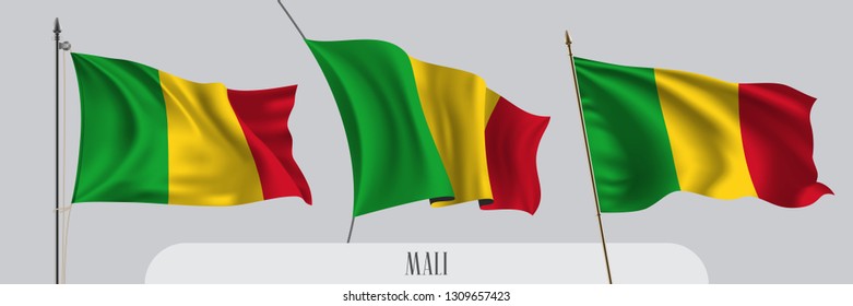 Set of Mali waving flag on isolated background vector illustration. 3 green red Republic of Mali wavy realistic flag as a patriotic symbol 