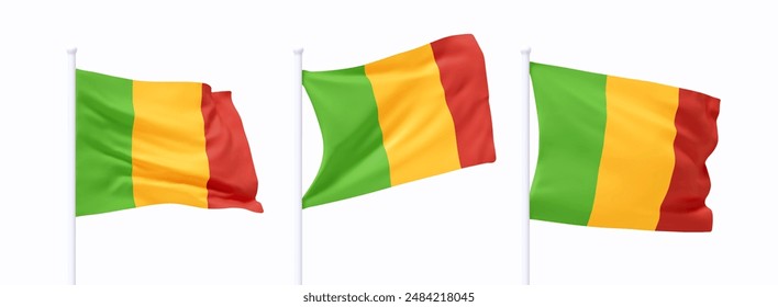 Conjunto de Mali ondeando bandera en asta de bandera. Bandera de diseño 3d realista vuela en el viento sobre fondo blanco aislado. Ilustración vectorial