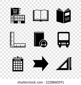 Set Mall or supermarket building, Open book, Hotel, Arrow, Triangular ruler, Folding and Audio icon. Vector
