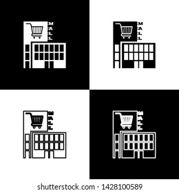 Set Mall or supermarket building with shopping cart icon isolated on black and white background. Shop or store.  Vector Illustration