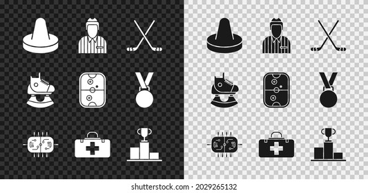 Set Mallet for playing air hockey, Hockey judge, referee, arbiter, Ice sticks, table, First aid kit, over sports winner podium, Skates and Air icon. Vector