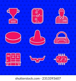 Set Mallet for playing air hockey, Ice sticks and puck, Hockey table, Sport bag, Locker changing room, judge, referee, arbiter and Award cup icon. Vector