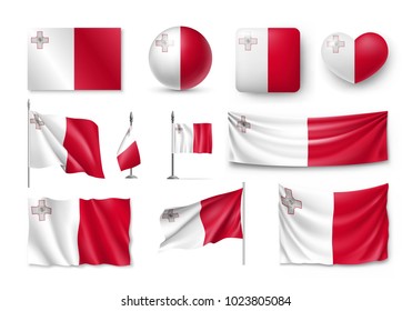 Set Malta flags, banners, banners, symbols, flat icon. Vector illustration of collection of national symbols on various objects and state signs