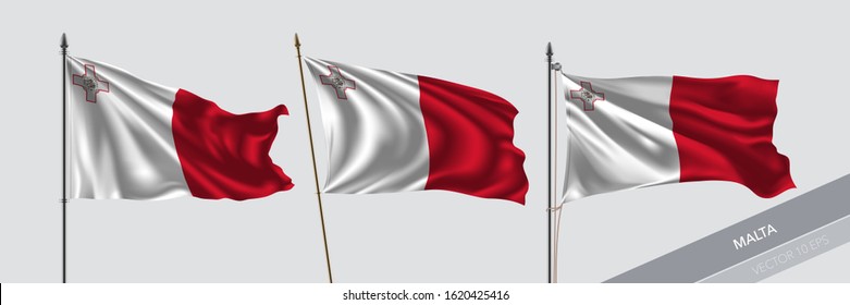 Set of Malta waving flag on isolated background vector illustration. 3 Maltese wavy realistic flag as a symbol of patriotism