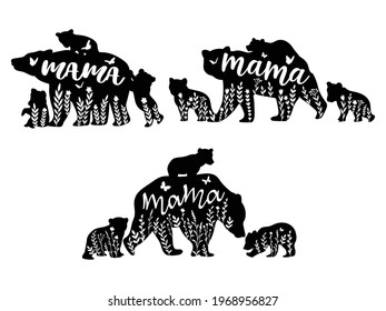 Set of mama bear and baby bears. Collection of silhouette mother bear with cute flower. Vector illustration for animal for mother day. Zoo design. Tattoos.