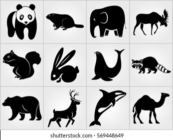 Set of Mammals icons. Rabbit, Deer, Elephant , Sea lion, Grampus, Groundhog, Bear, Squirrel, Moose, Raccoon, Camel and Panda icons