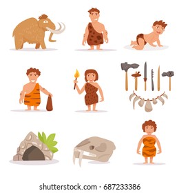 Set with mammoth, cave people, tools, stone age. Vector. Cartoon. Isolated art on white background. Flat