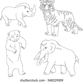 Set of mammoth, prehistoric bear, saber-toothed tiger and rhino. Coloring book for kids. Vector illustration