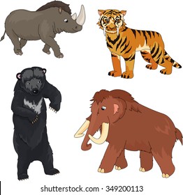 Set of mammoth, prehistoric bear, saber-toothed tiger and rhino. Vector illustration