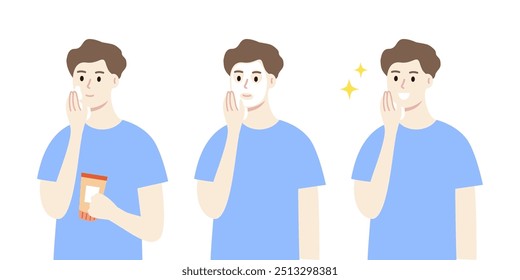 Set of man applying lotion cream and wearing facial mask. Happy man with smooth clean skin. Beauty, skincare, treatment, lifestyle, cleansing concept. Flat character vector design illustration.