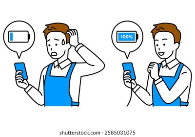 Set of a man in an apron charging his smartphone