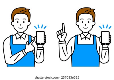 Set of a man in an apron showing and explaining the screen of a smartphone