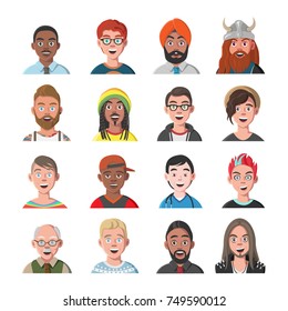 Set of Man Avatars. Sixteen Male Characters from Different Subcultures and Social Strata. Handsome Men. Diversity of Cultures. Vector Illustration.